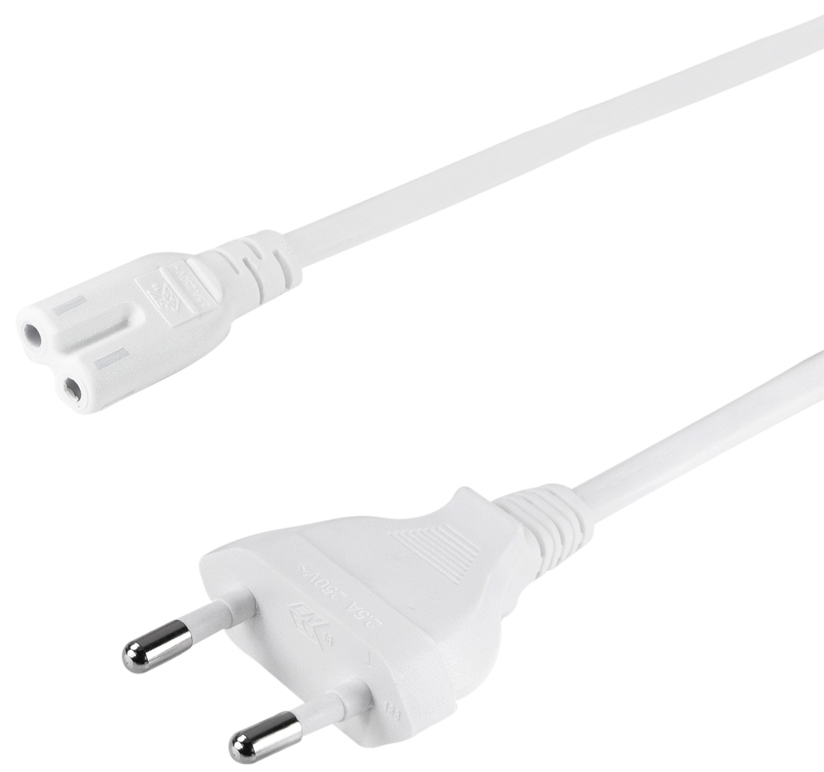 White 1.8-meter power cable featuring a Type C C7 coupler on one end and a two-prong power plug on the other, made of durable plastic.