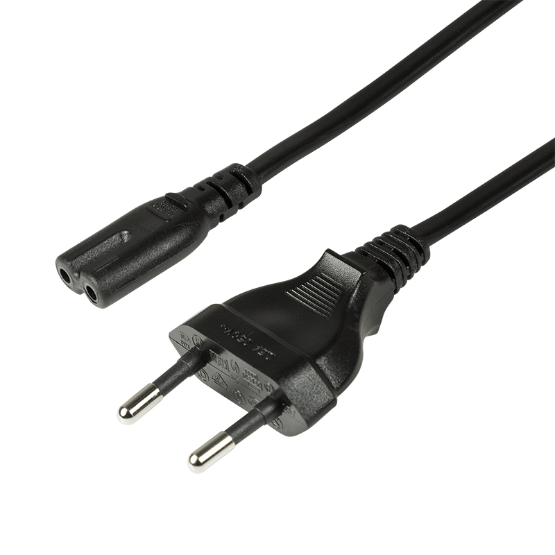 Black 3-meter power cable featuring a CEE7/16 plug on one end and a C7 coupler on the other, made of durable plastic with a smooth finish.