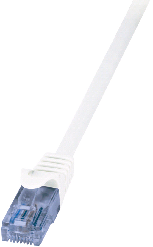 White 0.25 m Cat6a U/UTP networking cable featuring a clear plastic connector with metal pins, designed for high-speed data transmission.