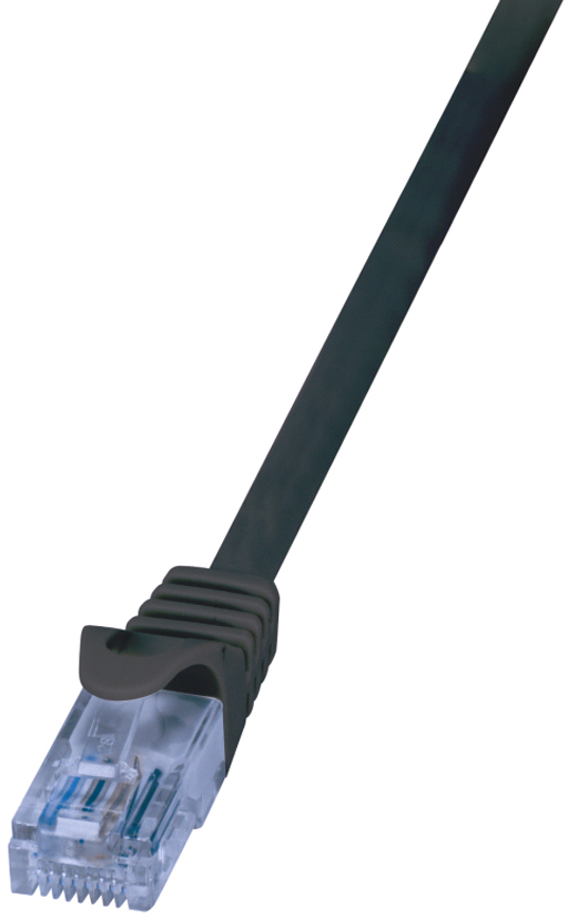Black 0.25 m Cat6a U/UTP networking cable featuring a clear connector with blue and white wiring visible inside.