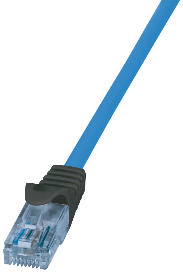 Blue 30-meter Cat6a U/UTP networking cable with a clear plastic connector, featuring a black strain relief boot for added durability.