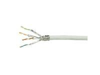 White Cat6 S/FTP networking cable by LogiLink, featuring a durable outer sheath and multiple twisted pairs of wires, designed for high-speed data transmission over 100 meters.