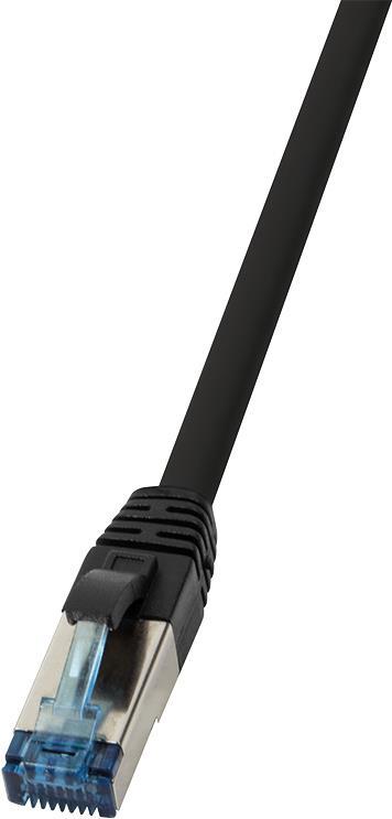 Black 15-meter Cat6a S/FTP networking cable featuring a durable outer material and a clear connector with a metal clip for secure connection.