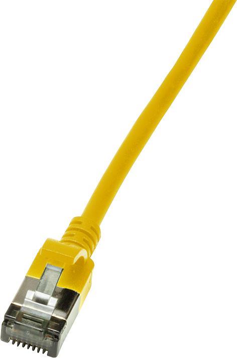 Yellow 1-meter Cat6a S/FTP networking cable with a transparent plastic connector, featuring a sturdy, flexible design for high-speed data transmission.