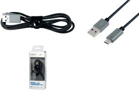 Black USB 2.0 cable, 2 meters long, featuring a standard USB-A connector and a Micro-USB B connector, packaged in a clear box with grey accents.