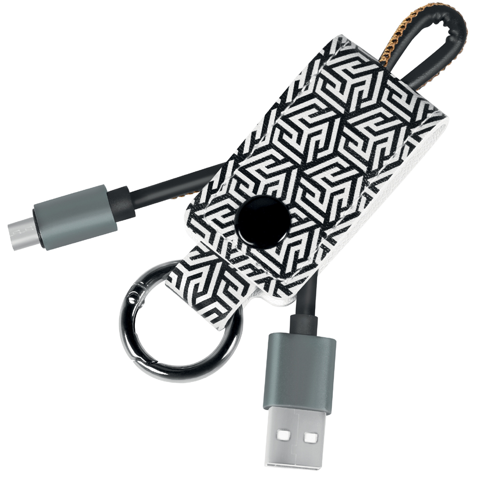 Black and white patterned holder with a USB 2.0 cable, featuring a Micro-USB B connector and a USB-A connector, finished with a keyring attachment.