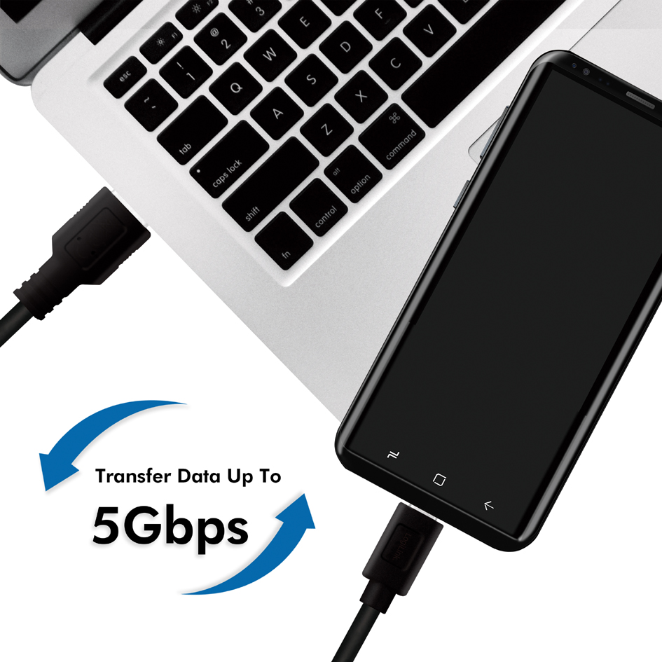 Black LogiLink CU0176 USB 3.2 Gen 1 cable, 2m long, connecting a laptop to a smartphone, featuring USB-A and USB-C connectors, with a data transfer speed of up to 5Gbps.