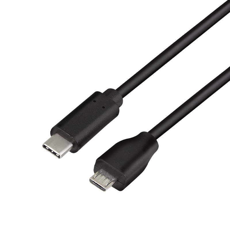 Black USB 2.0 cable, 1 meter long, featuring a USB-C connector on one end and a Micro-USB B connector on the other, designed for fast data transfer and charging.