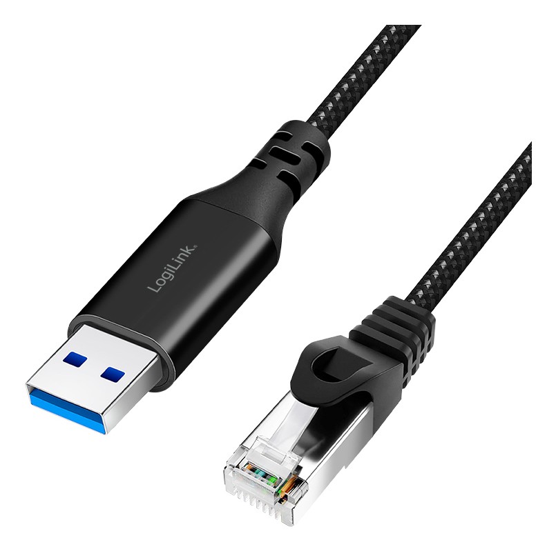 Black USB 3.2 adapter cable with a blue USB-A connector on one end and an RJ45 connector on the other, featuring a braided design for durability, measuring 1 meter in length.