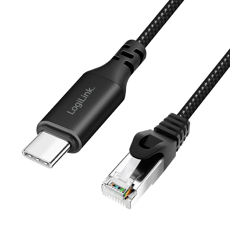 Black braided adapter cable featuring a USB-C connector on one end and an RJ45 connector on the other, designed for USB 3.2 Gen 1 connectivity, measuring 1 meter in length.
