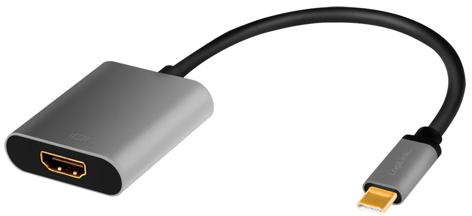 Black USB 3.2 Gen1 Type-C to HDMI adapter with a sleek gray aluminum casing and a gold-plated connector, designed for high-speed video and audio transmission.