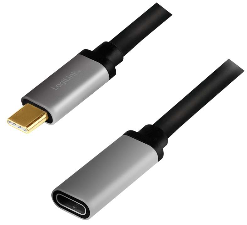 Black USB 3.2 Gen 2 cable by LogiLink, featuring a sleek design with a gold-plated USB-A connector and a USB-C connector, both housed in a gray metallic casing.