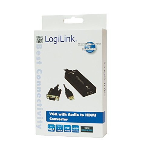 Black Logilink CV0060 adapter with VGA plug and HDMI socket, 45cm long, packaged in a blue and white box featuring product details and connectivity icons.