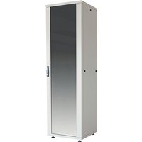 Grey LogiLink D16E66G 16U freestanding rack cabinet with glass front door and metal sides.