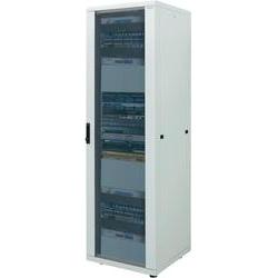 Freestanding 42U rack cabinet in black, featuring a glass front door, multiple shelves for equipment, and a sturdy metal frame designed for secure storage.