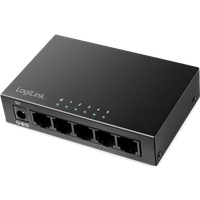 Black LogiLink 5-port Gigabit Ethernet switch with metal case, LED indicators, and power input on the side.