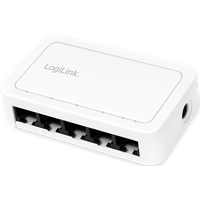 White LogiLink 5-port Gigabit Ethernet switch with plastic case and LED indicators.