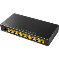 Black LogiLink 8-port Gigabit Ethernet switch with metal case and yellow ports.
