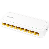 White LogiLink 8-port Gigabit Ethernet switch, plastic case, yellow ports, compact rectangular design