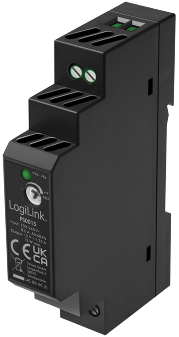 LogiLink DIN Rail Power Supply in black, featuring input/output ports, LED indicators, and a compact design, rated at 15 W and 12 V.