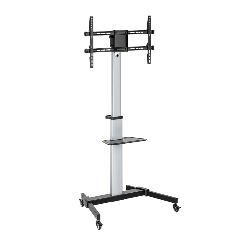 LogiLink Display Cart in black and silver, featuring adjustable height, sturdy metal frame, a shelf for accessories, and four wheels for easy mobility, suitable for 37"-86" screens.
