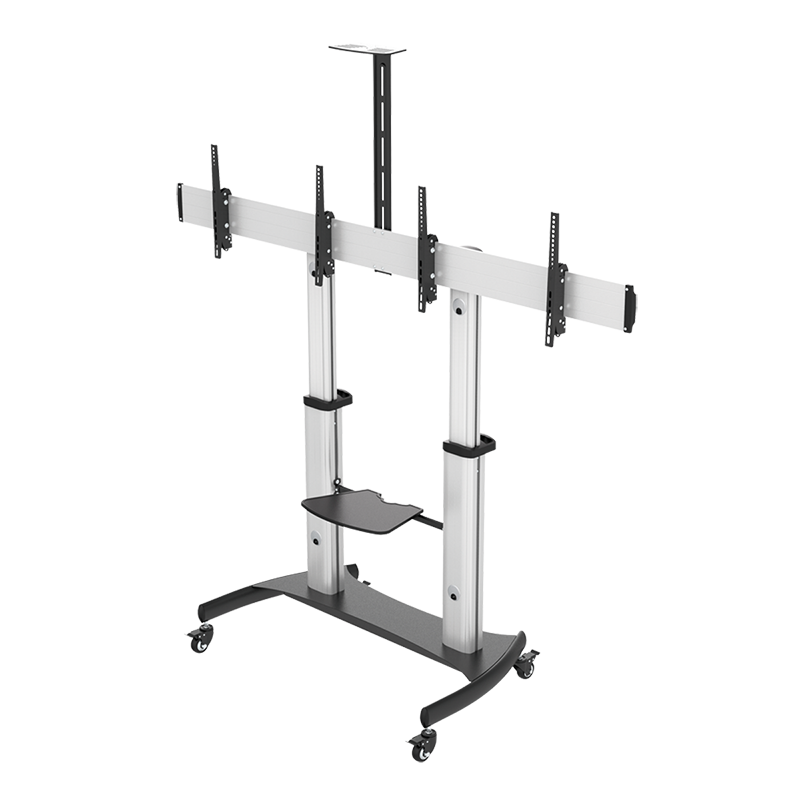 Silver LogiLink Display Cart for dual monitors, adjustable from 37" to 60", featuring a sturdy metal frame, rolling wheels, and a shelf for added convenience.