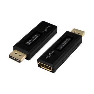 LogiLink DisplayPort Testing Meter in black plastic with gold connectors, designed for EDID information retrieval, featuring a compact, portable design.