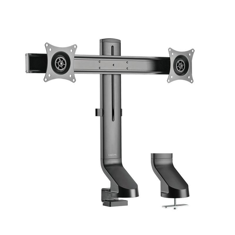 LogiLink dual monitor mount in black steel, adjustable for 17"-27" screens, featuring a sturdy vertical pole and dual VESA-compatible brackets for sit/stand use.
