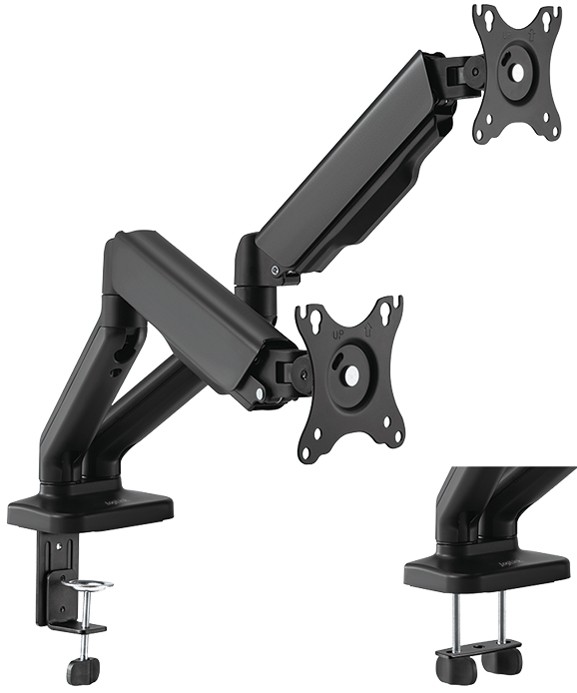 LogiLink dual monitor mount in black steel, supporting 17"-32" screens, features spring-assisted arms and a clamp for secure attachment to desks.