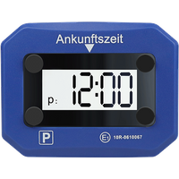 Blue LogiLink electronic parking disc with digital display, black buttons, and KBA certification mark.