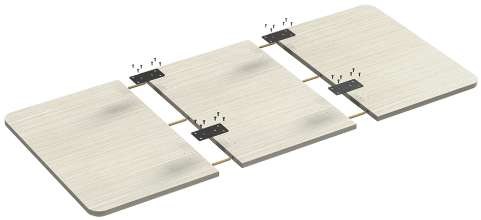 Light wood-colored desktop sit-stand accessory featuring three connected panels with metal brackets and screws for adjustable height functionality.