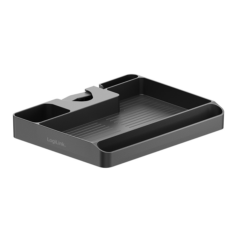 Black LogiLink EO0070 monitor accessory organizer with multiple compartments, a sleek design, and a textured base for stability and easy access to office supplies.