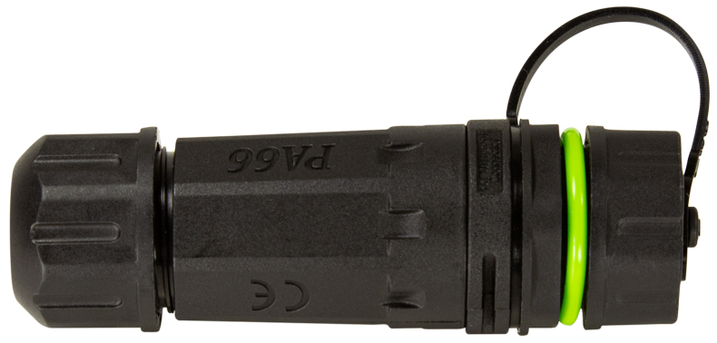 Black plastic fibre optic connector with LC/LC male/male ends, featuring a green rubber O-ring and a protective cap, designed for secure optical connections.