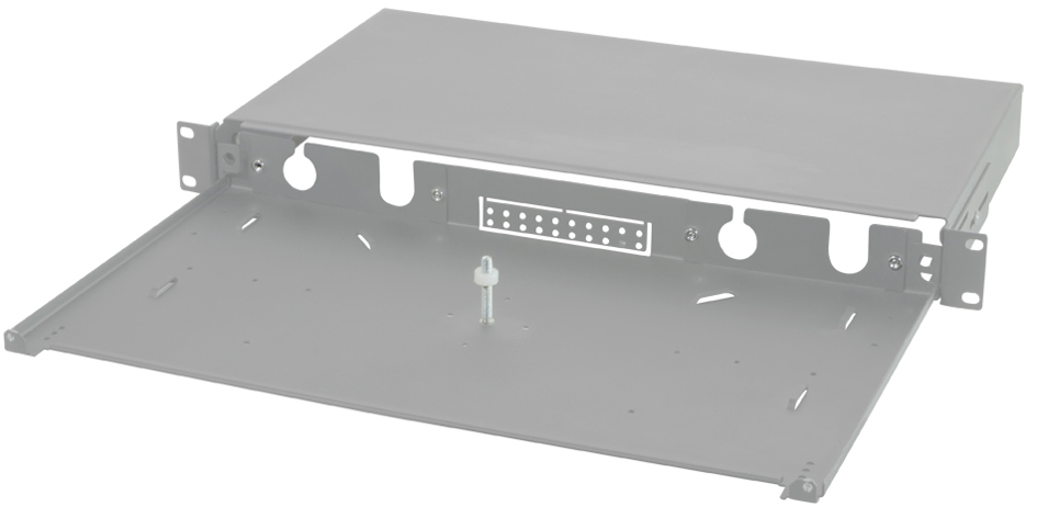 Gray metal patch panel accessory with a flat surface, multiple mounting holes, and a front panel featuring 12 ports for network connections.