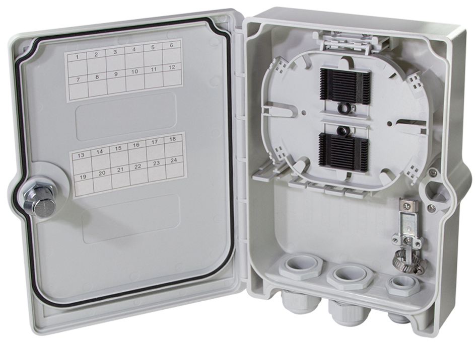 Light grey LogiLink FB124E terminal block with a hinged cover, featuring numbered slots, a circular mounting area, and multiple cable entry points.