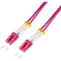Pink LogiLink 15m fibre optic cable with dual LC connectors and protective caps.