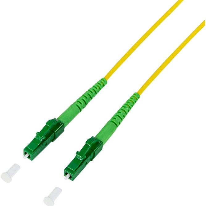 Yellow fiber optic patch cord with green LC/APC connectors on both ends, featuring protective caps on the connectors.