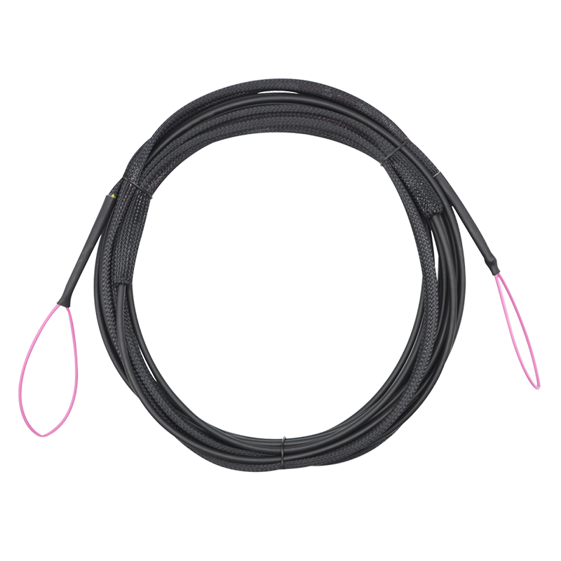 Black fiber trunk cable with a braided exterior, featuring 8 cores, multimode OM4 specifications, and two pink looped ends, measuring 70 meters in length.