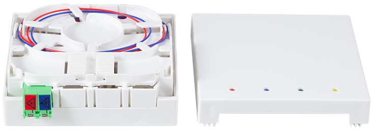 White LogiLink FTTH termination box with a removable lid, featuring a circular fiber management tray, two green connectors, and three colored indicator lights.