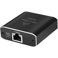 Black LogiLink Gigabit Ethernet Splitter with USB power port and Ethernet port, labeled 1 Gbps, compact rectangular design.