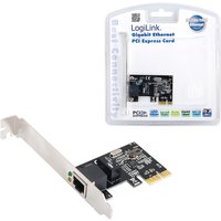 Black LogiLink Gigabit PCI Express Network Card with metal bracket and Ethernet port, packaged in clear plastic.