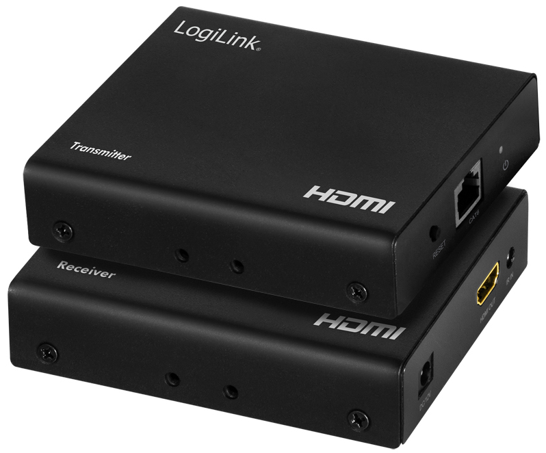 LogiLink HD0030 AV Extender in black, featuring a compact design with labeled transmitter and receiver units, HDMI ports, and Ethernet connectivity.