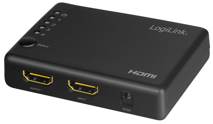 LogiLink HD0036 video splitter in black plastic, featuring four HDMI output ports, one HDMI input port, LED indicators, and a power input on the side.