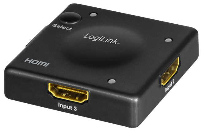 LogiLink HD0041 HDMI video switch in black plastic, featuring three HDMI input ports, a circular select button, and labeled input connections on the sides.