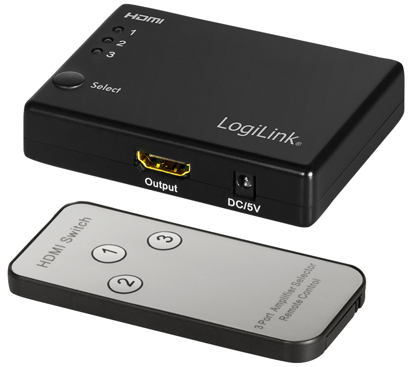 LogiLink HD0042 HDMI video switch in black with three input ports, an output port, and a remote control featuring numbered buttons for easy selection.