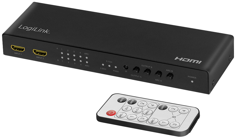 Black LogiLink HD0049 AV Matrix Switcher with two HDMI inputs, four outputs, LED indicators, and a remote control featuring a numeric keypad.