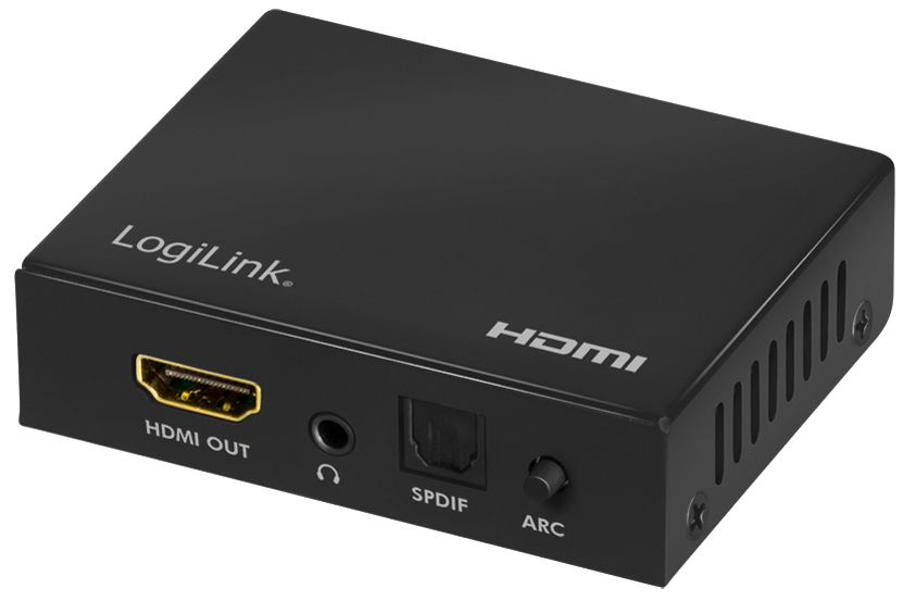 LogiLink HD0055 audio converter in black, featuring HDMI output, headphone jack, and SPDIF port, with ventilation slots on the side for heat dissipation.