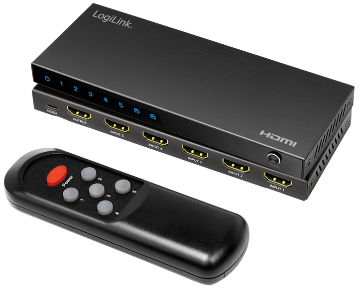 LogiLink HD0060 Video Switch HDMI in sleek black with multiple HDMI inputs and outputs, featuring a remote control with six buttons for easy switching.