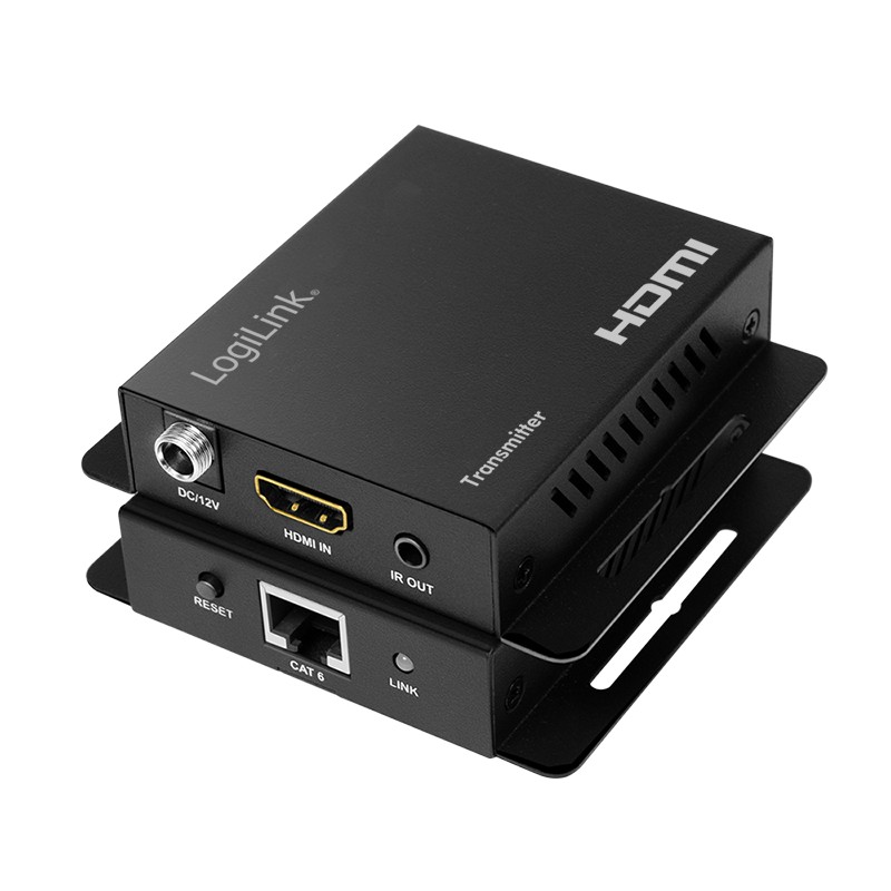 Black LogiLink HD0063 AV Extender with HDMI input, IR output, and Ethernet port, featuring a compact design and ventilation slots for heat dissipation.
