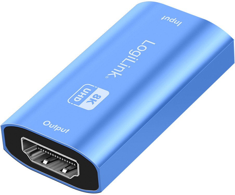 LogiLink HD0064 HDMI Repeater in blue, featuring input and output ports, designed for enhancing HDMI signals with support for 8K resolution.